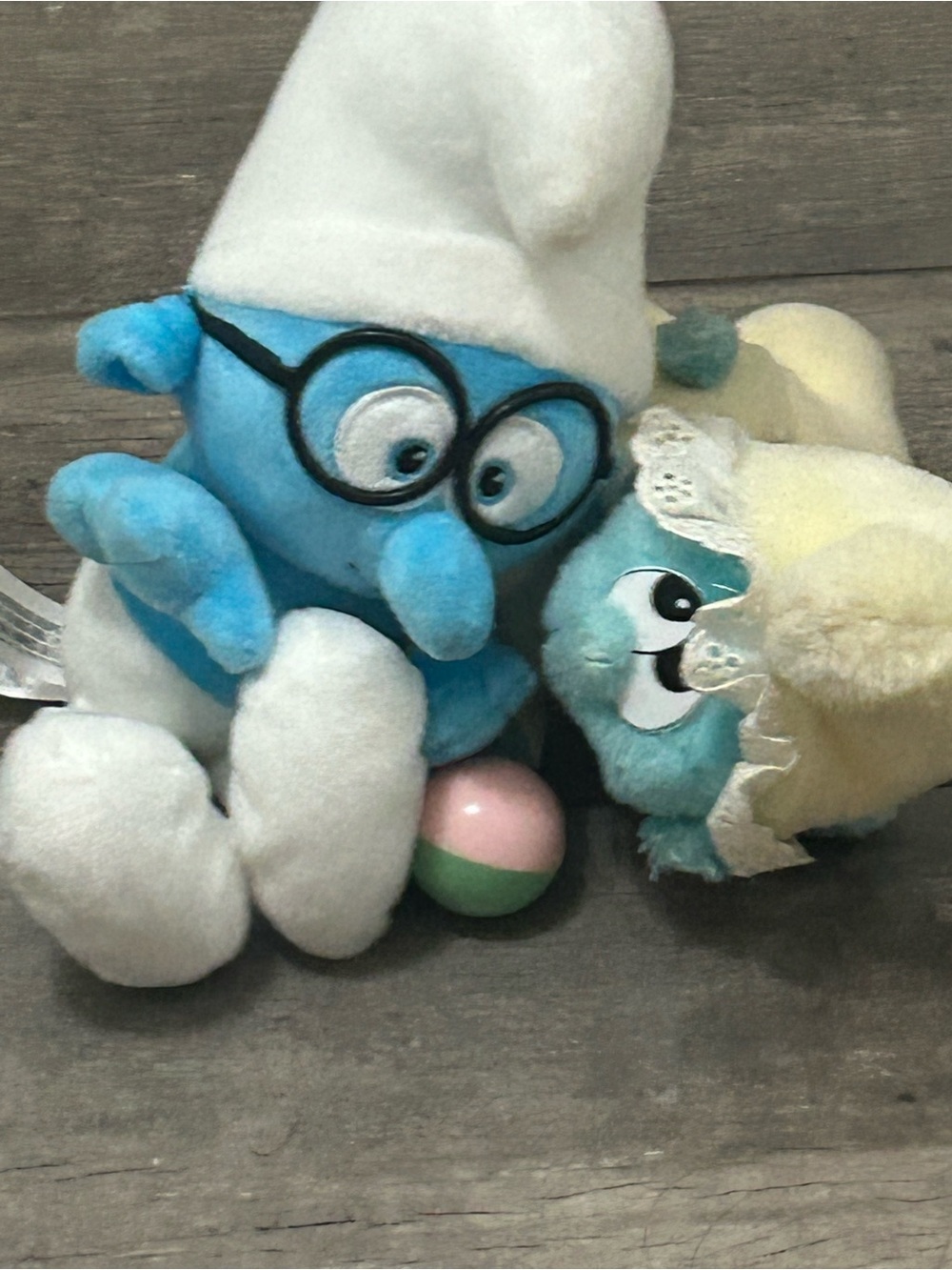 Vintage 1983 Baby Smurf Rattle Plush & Brainy Smurf Doll Lot of 2
